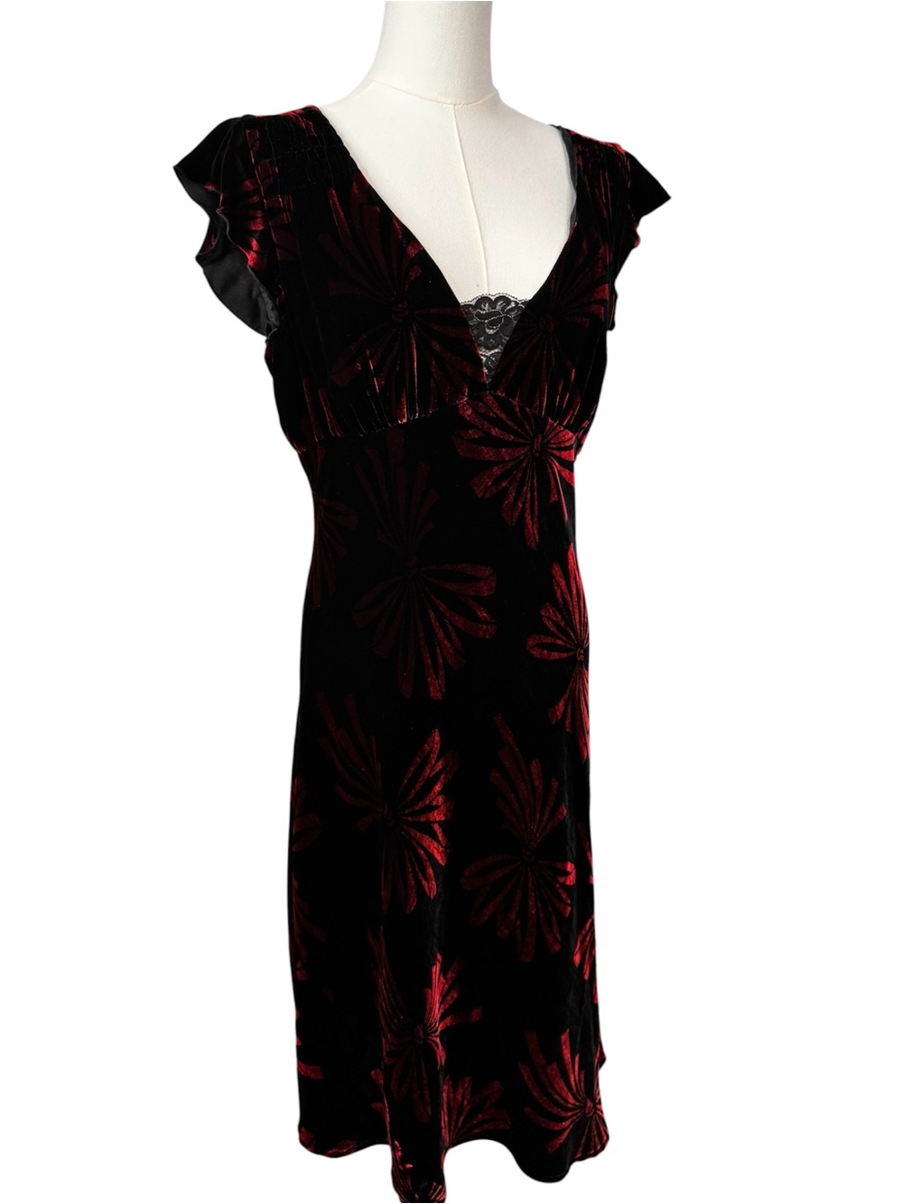 Nanette Lepore Black Velvet Midi Dress with Red Floral Burnout - 10